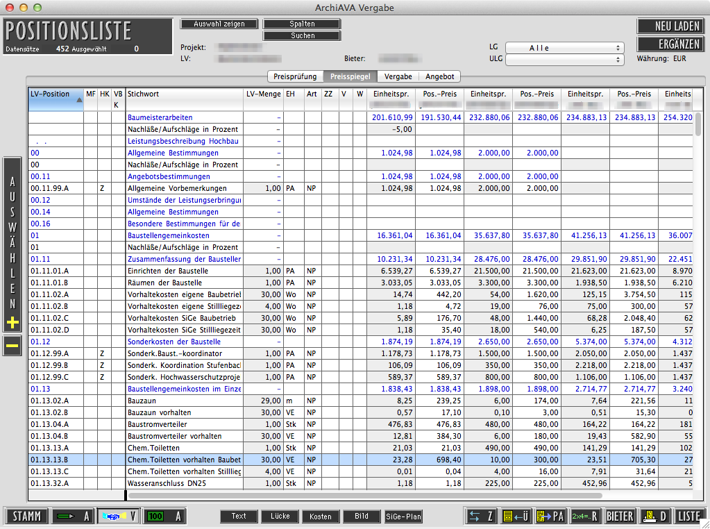 ArchiAVA Preisspiegel Positionsliste preisrelevante Positionen