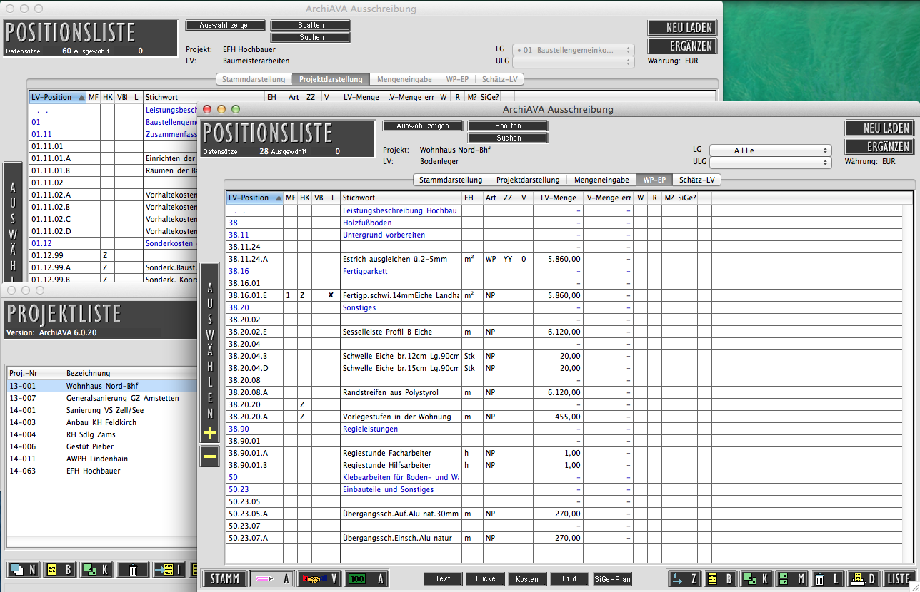 ArchiAVA mit mehreren geöffneten Leistungsverzeichnissen