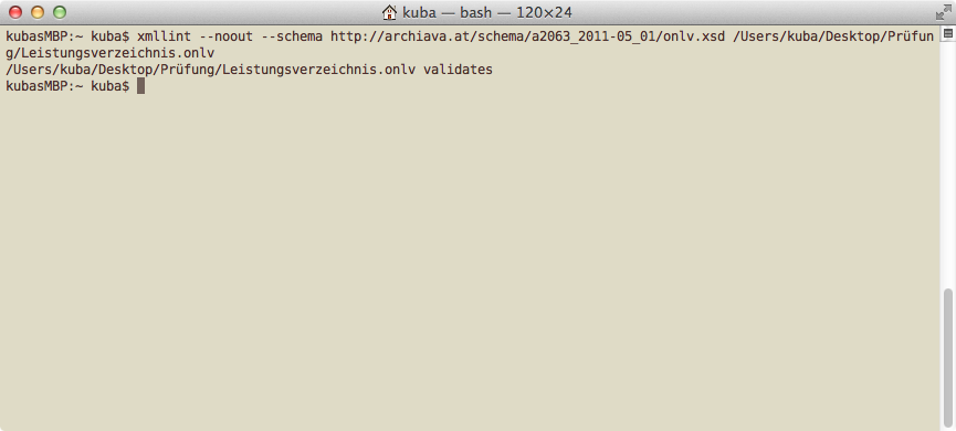 OSX Terminal Fenster mit einer xmllint Schema Validierung einer ONLV Datei