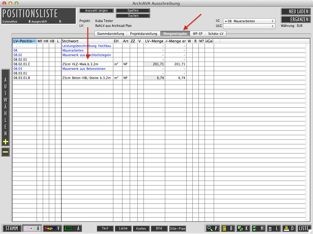 ArchiAVA LV Positionsliste Mengeneingabe