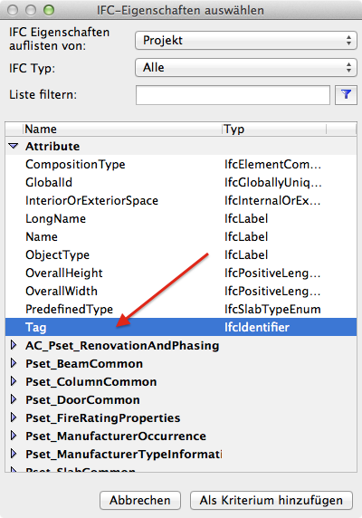 IFC Elemente mit Tag Attribute in Archicad 18 finden Schritt 2