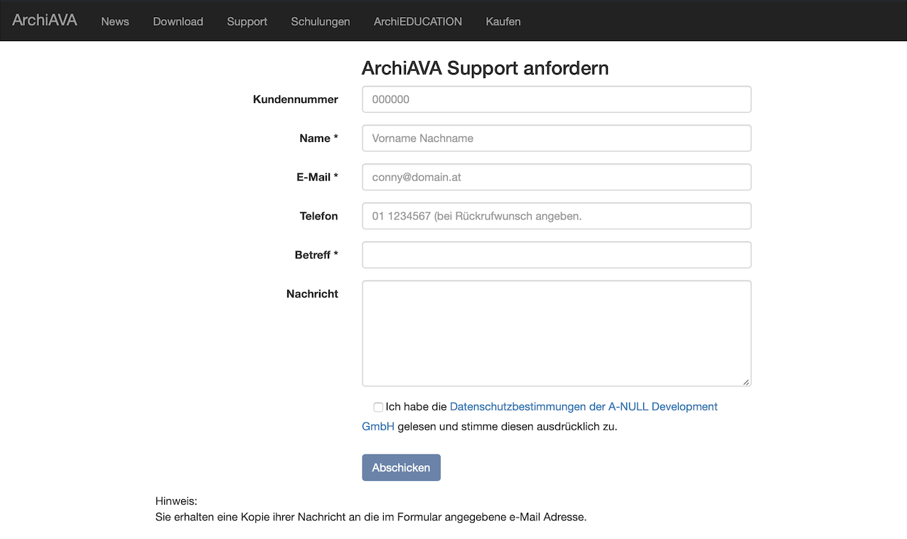 Supportanfrage zu ArchiAVA auf der Website stellen